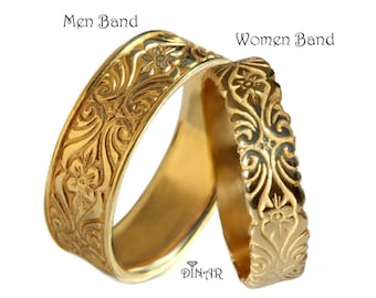 Engraved Art deco 18k solid Gold Wedding rings matching Set, his and hers matching rings, vintage engraved floral  18 karat gold bands