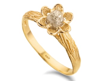 Raw Diamond engagement ring, solitaire uncut diamond Ring, rough diamond ring , raw gray diamond flower ring 14k 18k gold rustic twig ring