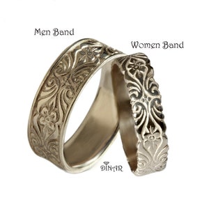 14k Gold Wedding rings matching Set, his and hers couples rings, Art Deco Engraved Floral pattern set, Vintage flowers leaves gold ring set