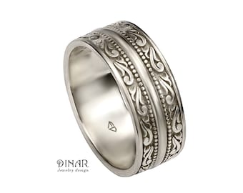 アールデコ調の彫刻が施されたスターリングシルバーの結婚指輪、幅8mm
