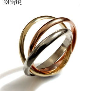 Trio color triplet Intertwined rolling tri ring, Three bands 3mm wide Half Round 14k solid gold eternity wedding ring band wide ring