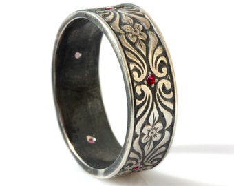 Oxidized silver statement rubies ring band, black silver men wedding ring, art deco scrolls leafs engraved pattern silver red rubies band