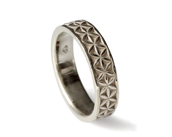 Flower of life floral wedding ring comfort fit band, flower of life sterling silver ring, flower of life gold plated silver ring