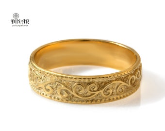 Vintage-Ehering aus 18 Karat massivem Gold, 6 mm goldenes Ringband, gravierter Ehering mit antiken Wirbeln, Goldring im Vintage-Design mit Schriftrollenmuster