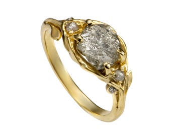 Ruwe ongeslepen diamant laat takje tak verlovingsring gouden verlovingsring, zilvergrijze ruwe natuurlijke diamanten bladeren ring 14k massief goud