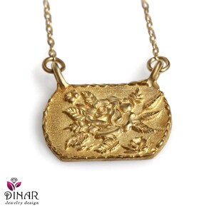 Personalized Gold floral vintage pendant vintage style , personal message engraved custom made sterling silver gold plated