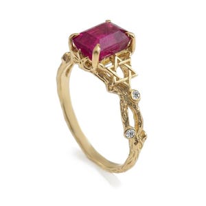 Star of David Natural Ruby twigs roots proposal engagement rectangle ruby & diamonds 14k solid gold Magen David Jewish ring