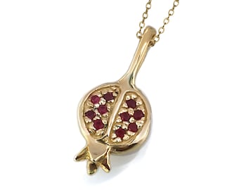 Pomegranate pendant 14k solid gold ,small gold pendant pomegranate fruit , ruby gemstones pendant, Israeli Jewish jewelry , gold pomegranate