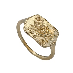Rose flower signet ring 14k solid gold vintage style engraved floral leaves, dainty women&#39;s ring personalized engraved inside message