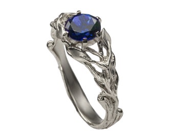 Silver leaf and branch sapphire ring, blue sapphire leaves twig engagement ring, nature inspired twig sapphire sterling silver gemstone ring