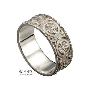 Breiter Ehering aus Silber im Antikstil, Fleur de Lis Vintage-Silberring, Unendlichkeit keltischer Blumenring aus Sterlingsilber