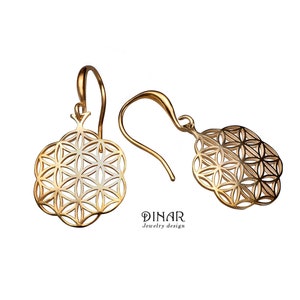 Flower of life dangle earrings 14K solid gold , floral &#39;seed of life&#39; drop earrings, flowers earrings silver /gold plated/14k 18k solid gold
