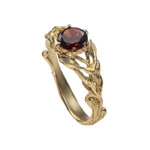 Branch leaves red garnet gold engagement ring, rustic twigs red garnet 14k gold Solitaire promise ring