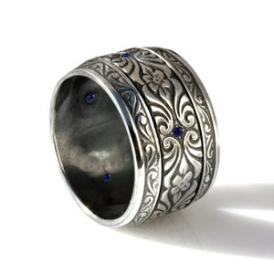 Oxidized silver art deco wide ring, black silver vintage style men wedding ring band, engraved antique pattern, vintage sterling silver band
