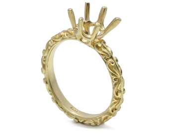 Ring setting 6 prongs, 14k solid gold solitaire ring without gemstone, engraved leaves engagement ring setting, god ring mounting