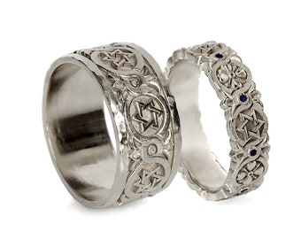 Silver Jewish star Magen David matching wedding ring set, Star of David couples sterling silver rings , his and her set , Israeli jewelry