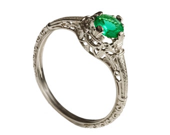 Solitaire Emerald Engagement ring , vintage filigree engagement emerald ring, promise ring , Natural half carat Emerald May birthstone ring