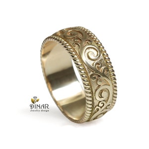 Braid Rope edges wedding ring Paisley swirls wedding ring 14k solid gold men women gold ring, 8mm wide antique style men band