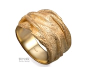 Contemporary wide folded 14k gold band, thick organic sand texture unique modern men women large wedding ring ,  chunky solid gold ring 14k