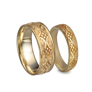 Wedding rings set , his and hers matching vintage gold rings , vintage style couples rings set ,14k gold art deco pattern wedding bands set