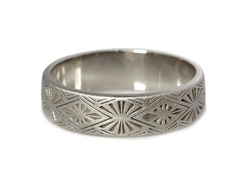 Silver Art deco engraved geometric boho patterned wedding ring, sterling silver art deco wedding band, tribal pattern 6mm wedding ring