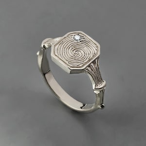 Finger print silver signet ring, engraved finger print memorial sterling silver ring, personalized fingerprint ring with gemstone