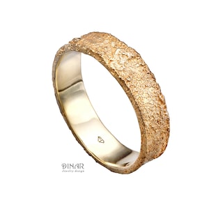 Rustic 14k gold wedding ring, organic style matte sand texture thin gold ring for women, contemporary handcrafted gold men&#39;s band