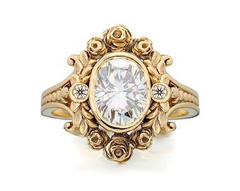 Victorian rose flowers leaves Moissanite engagement ring, oval large moissanite diamond gold rose ring , vintage roses floral promise ring