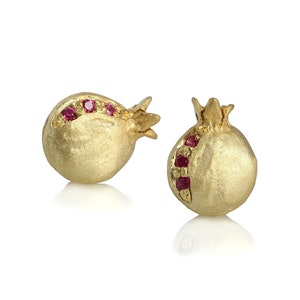 Pomegranate 14k gold stud earrings, small pomegranate fruit gold earrings, ruby gemstones studs, Israeli Jewish jewelry 14k solid gold studs