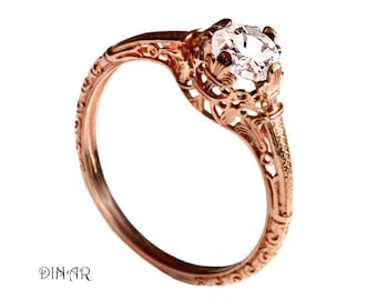 Vintage Morganite Engagement ring, 14k rose gold morganite lace ring, light Peach Pink Morganite , alternative engagement ring, promise ring
