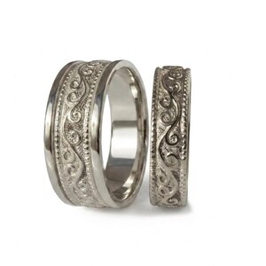 Wedding set matching his and hers rings engraved scrolls 14k gold ,art deco pattern milgrain wide men's band, thin women ring couple bands