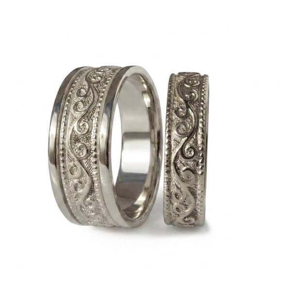 Wedding set matching his and hers rings engraved scrolls 14k gold ,art deco pattern milgrain wide men's band, thin women ring couple bands