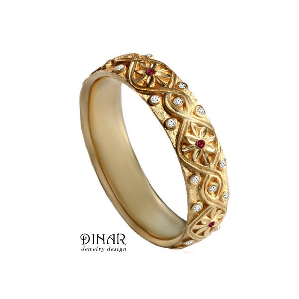 14k gold diamonds and rubies wedding ring, antique style hand engraved floral celtic infinity knot vintage ruby diamond flowers wedding band
