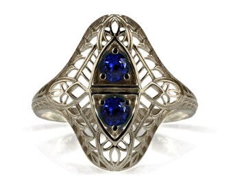 Silver Victorian antique style Sapphire filigree Ring, Edwardian blue sapphire ring, filigree vintage style sterling silver women ring