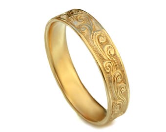 Scrolls Ehering, 14k massives Gold, Art-Deco-Ehering, Damenband, massives Goldband, handgraviertes Band mit Wirbelmuster, Wirbelring