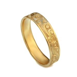 Scrolls-trouwring, 14k massief goud, art-decotrouwring, damesband, massief gouden band, handgegraveerde band met wervelpatroon, wervelring