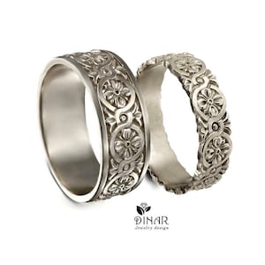 Celtic wedding rings set ,his and hers rings, engraved infinity knot floral 14k solid gold celtic rings