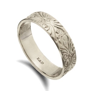 Flowers and leaves silver ring, engraved art deco pattern floral motif and scrolls leafs solid sterling silver men&#39;s women&#39;s wedding ring