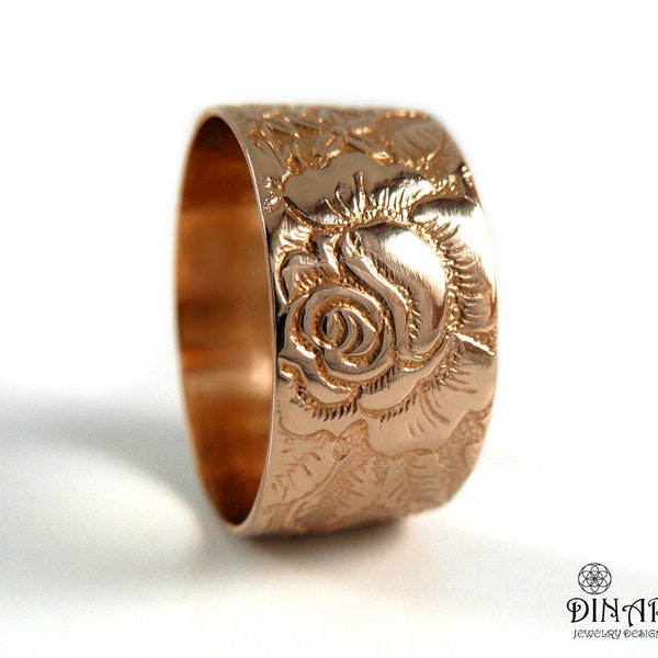 Rose flower 14k Rose Gold wedding band ,wide Victorian wedding ring band, gold women's band leaves and flowers Engravings, floral ring