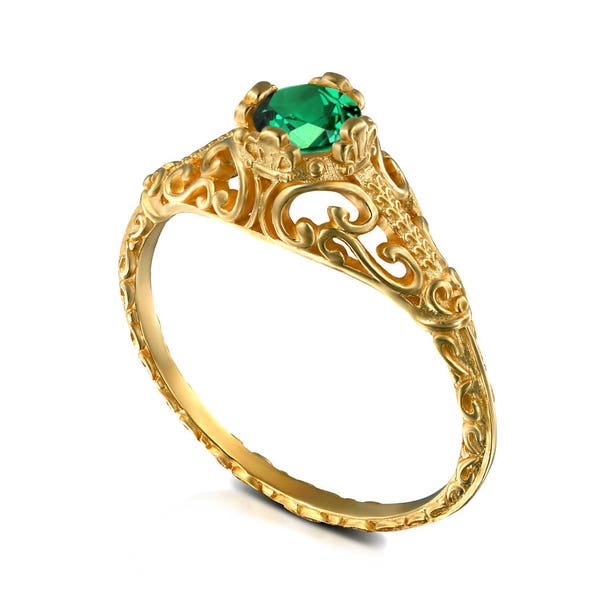 Gold vintage solitaire emerald engagement ring, natural emerald filigree engagement ring, promise ring, may birthstone , 14k 18k All colors