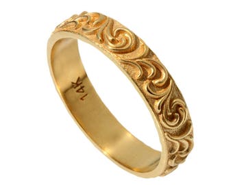 14k Scrolls leaves wedding ring band, Art deco scroll leaf's engraved gold women's band, nature inspired thin wedding ring 14k solid gold