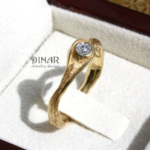 Branch diamond engagement ring , tree branch twig alternative diamond gold ring , unique bezel diamond leaf nature inspired engagement ring