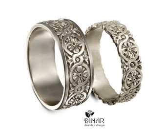 Set di fedi nuziali celtiche, anelli per lui e per lei, anelli celtici in oro massiccio 14 carati con nodo infinito e motivi floreali incisi.