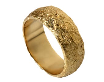 Hammered rustic thick organic textured half round 9k solid yellow gold wide wedding ring band