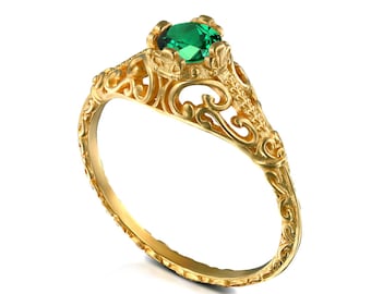 Gold vintage solitaire emerald engagement ring, natural emerald filigree engagement ring, promise ring, may birthstone , 14k 18k All colors