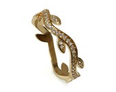 14k Diamond Leaf Half Eternity ring, diamonds Leaves Ring, diamonds pave wedding ring, solid gold microPave Ring, Diamond leaves ring