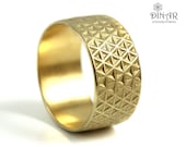 18k solid gold Stars pattern wedding ring, Geometric flower of life modern textured wide wedding band