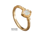 Opal ring 14k solid gold solitaire opal engagement viking gothic hammered ring, oval white fire opal october birthstone women promise ring