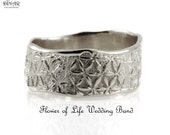 14k white gold band, wide women singel band, men's wedding ring, flower of life design, engraved flowers, floral motif, gold band