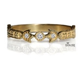 Half eternity Natural white diamonds wedding ring, womens Art Deco diamonds ring, floral eternity band, 14k gold diamonds wedding ring